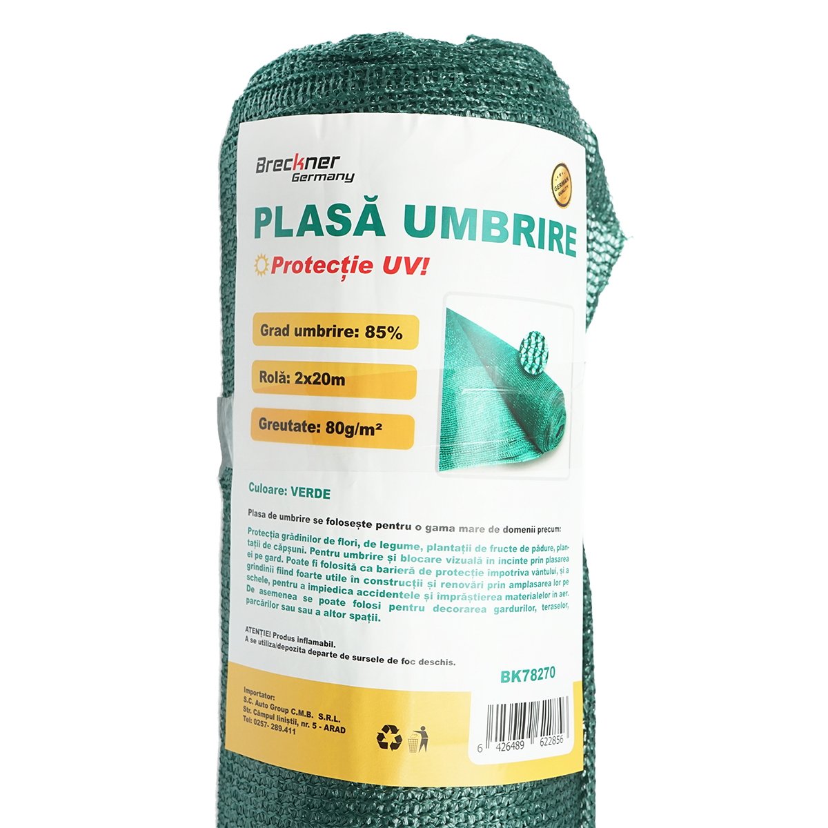 Plasa umbrire 85% latime 2M si lungime 20M verde din polietilena cu protectie UV